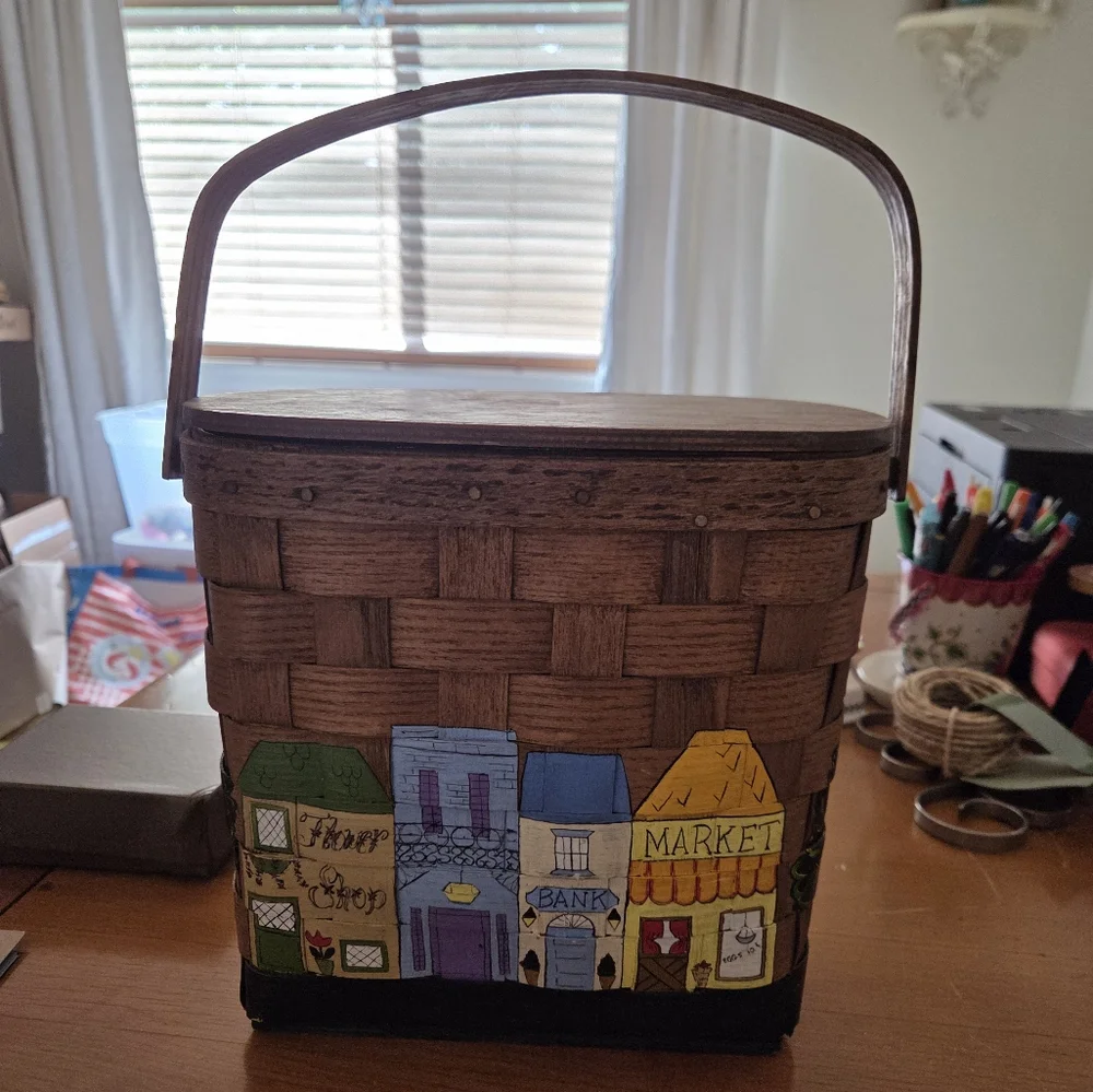 70's Hand-painted Woven Wood Basket Purse Lined In Calico And Has Brass Hinges